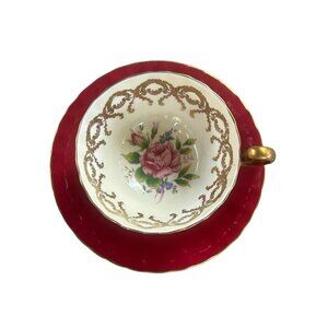 Aynsley Cranberry Red Cabbage Rose Gold Scroll Filagree Footed Cup and Saucer